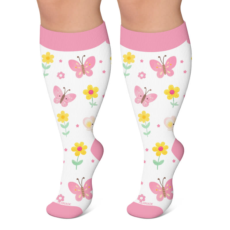 Plus Size Butterfly Meadow Printed Compression Socks - Light Pink - 4XL - image 6