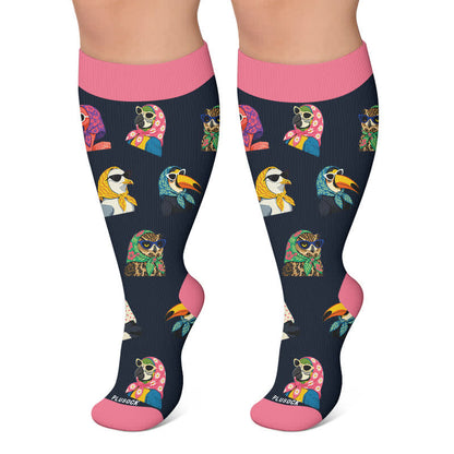 Plus Size Playful Cat Bird Compression Socks - Rose - 4XL - image 6
