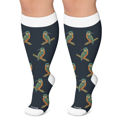 Plus Size Playful Cat Bird Compression Socks - Black - 4XL - image 5