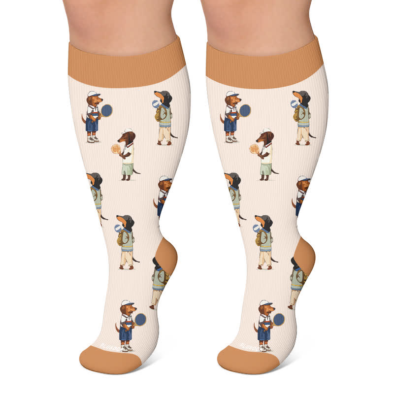 Plus Size Playful Puppy Floral Compression Socks - Khaki - 4XL - image 4