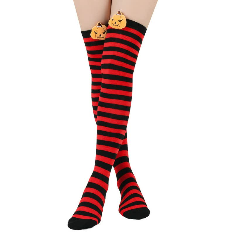 Halloween Pumpkin Thigh High Socks (3 Pairs) - Red - One Size - image 0
