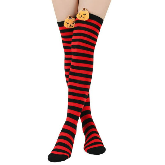 Halloween Pumpkin Thigh High Socks (3 Pairs) - Red - One Size - image 0