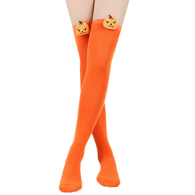 Halloween Pumpkin Thigh High Socks (3 Pairs) - Orange - One Size - image 4