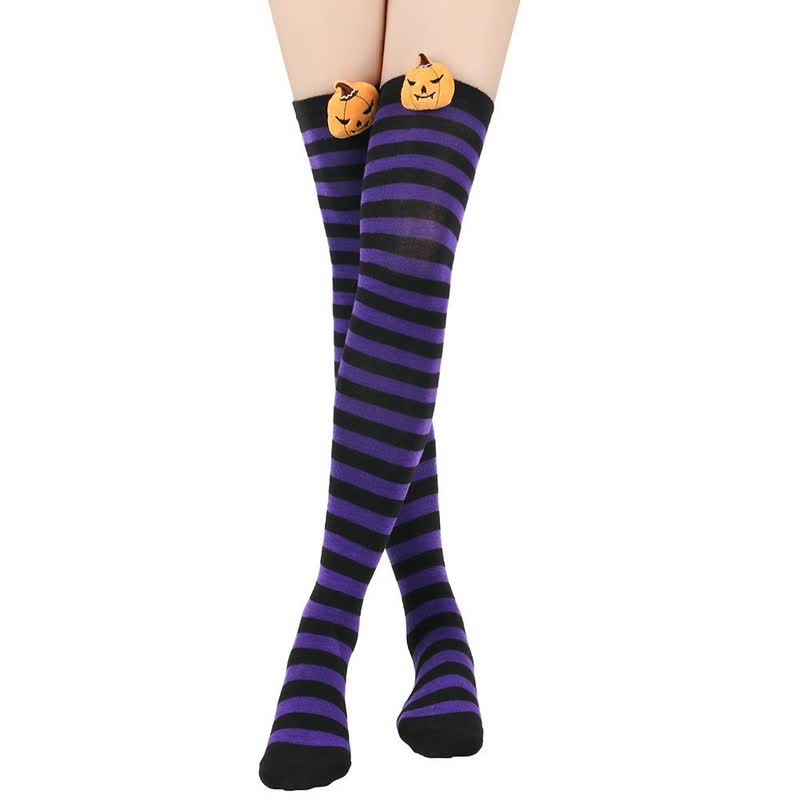 Halloween Pumpkin Thigh High Socks (3 Pairs) - Purple - One Size - image 2