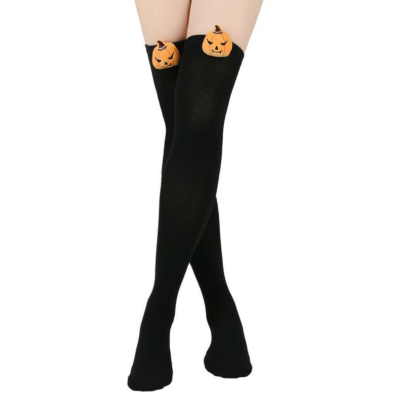 Halloween Pumpkin Thigh High Socks (3 Pairs) - Black - One Size - image 6