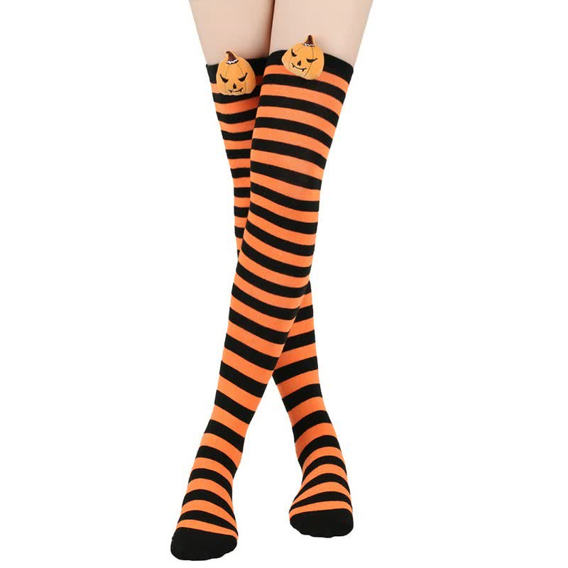 Halloween Pumpkin Thigh High Socks (3 Pairs) - Orange-A - One Size - image 5