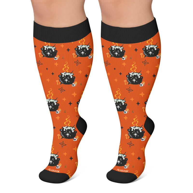 Plus Size Ghost Witch Black Cat Compression Socks - Orange - 4XL - image 6