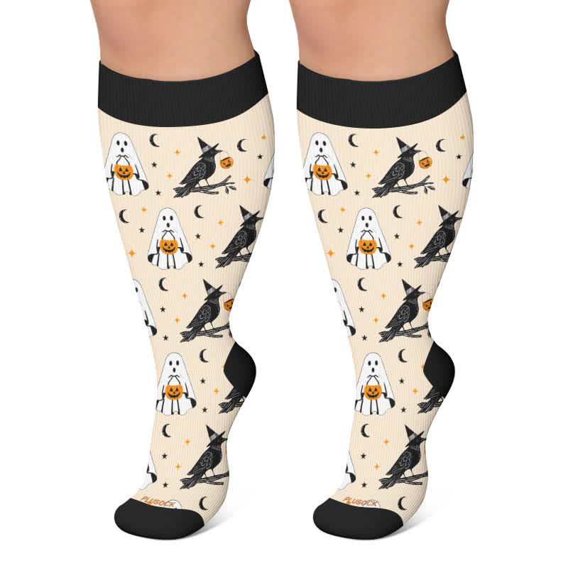 Plus Size Ghost Witch Black Cat Compression Socks - Beige - 4XL - image 4
