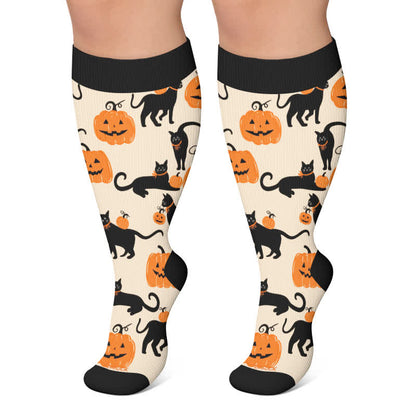 Plus Size Ghost Witch Black Cat Compression Socks - Apricot - 4XL - image 5