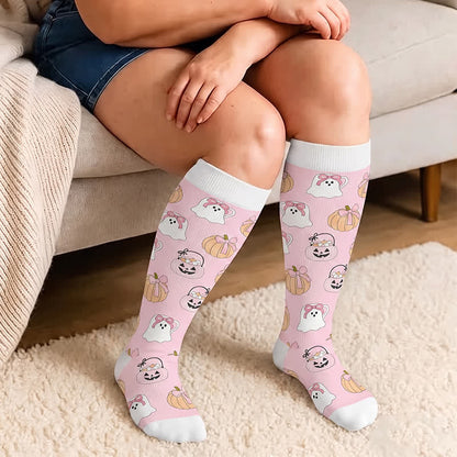 Plus Size Pink Ghost Skull Compression Socks - image 1