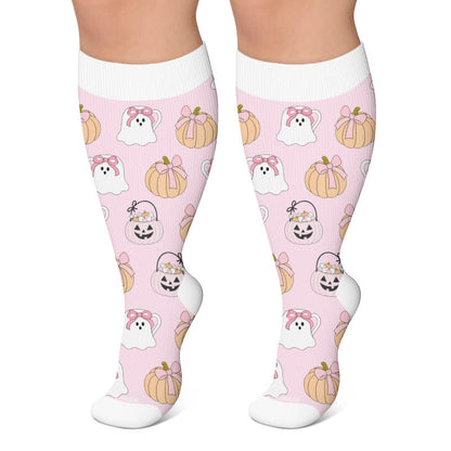 Plus Size Pink Ghost Skull Compression Socks - Pink - 4XL - image 5