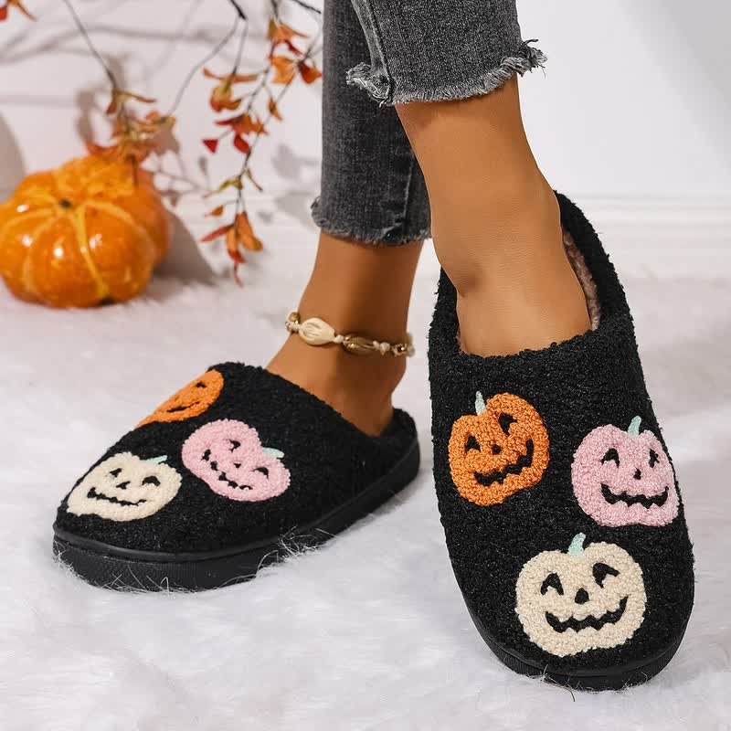 Halloween Colorful Pumpkin Embroidered Fuzzy Slippers - image 4