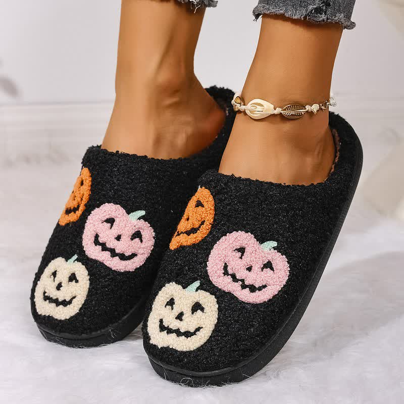 Halloween Colorful Pumpkin Embroidered Fuzzy Slippers - image 2