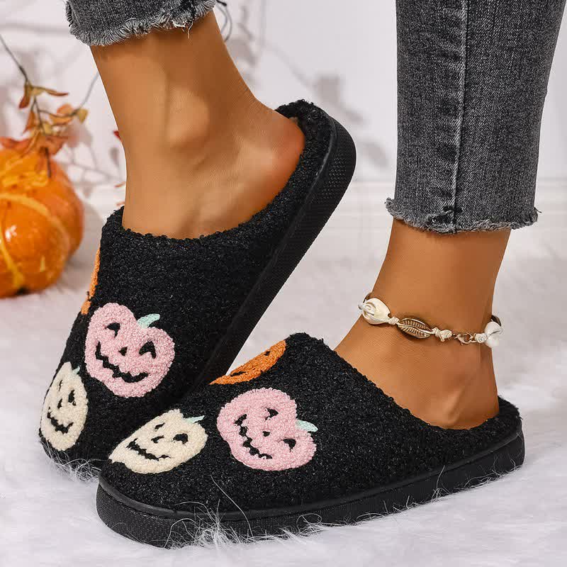 Halloween Colorful Pumpkin Embroidered Fuzzy Slippers - image 1