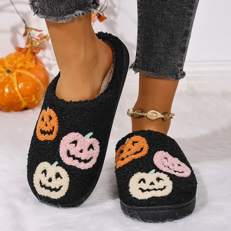 Halloween Colorful Pumpkin Embroidered Fuzzy Slippers - Black - EU44-45(US10-11) - image 0