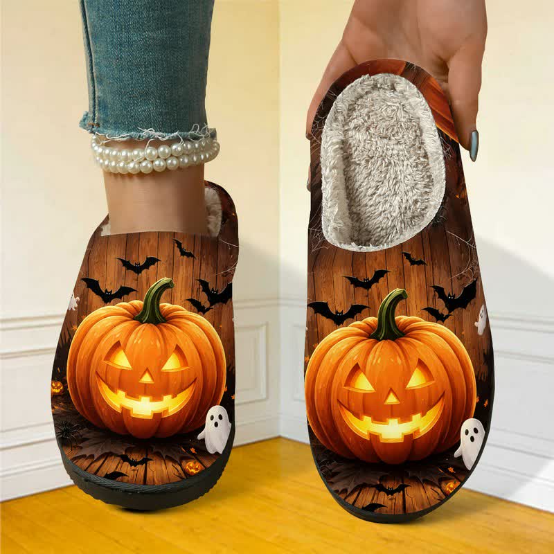 Halloween Fun Jack-O'-Lantern Bat Full Print Fuzzy Slippers - image 1