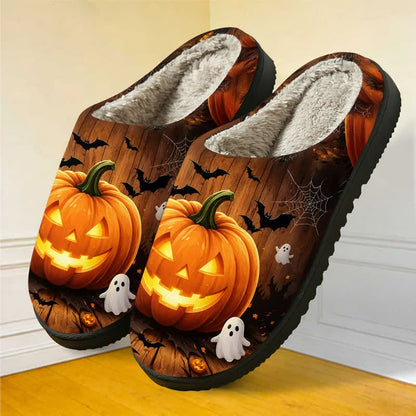 Halloween Fun Jack-O'-Lantern Bat Full Print Fuzzy Slippers - Multicolor - EU44-45(US10-11) - image 0