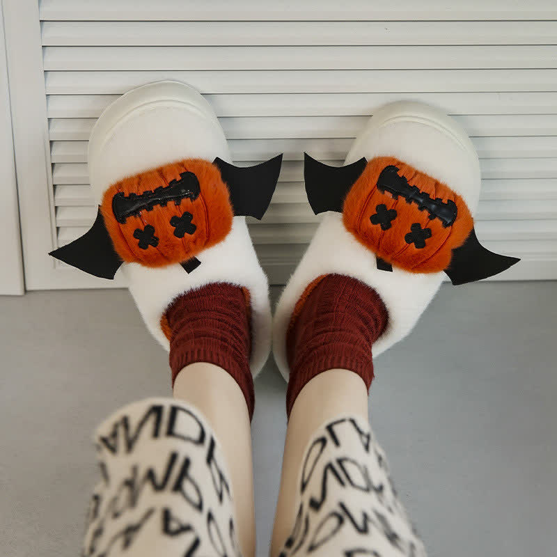Halloween Bat Wing Pumpkin Fuzzy Slippers - White - EU40-41(US7-7.5) - image 3