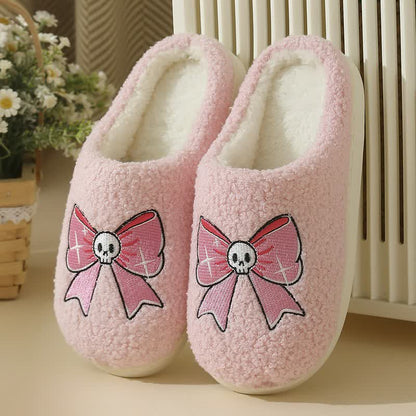 Halloween Pink Skull Bow Plush House Slippers - Pink - EU44-45(US10-11) - image 0