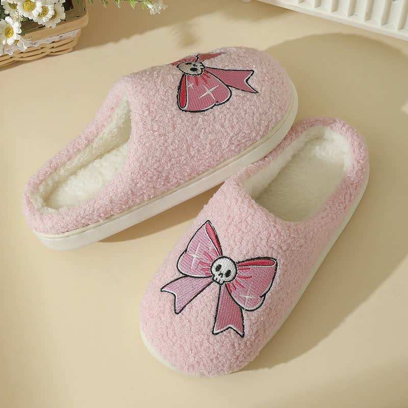 Halloween Pink Skull Bow Plush House Slippers - image 1