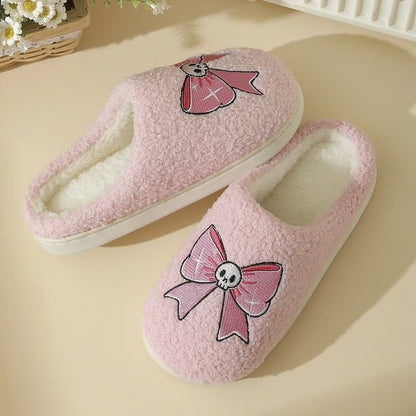 Halloween Pink Skull Bow Plush House Slippers - image 1