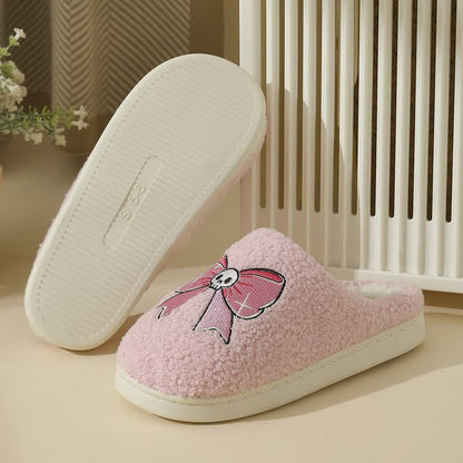 Halloween Pink Skull Bow Plush House Slippers - image 2