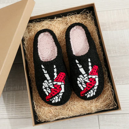 Halloween Skeleton Hand Peace Sign Fuzzy Slippers - Black - EU44-45(US10-11) - image 0