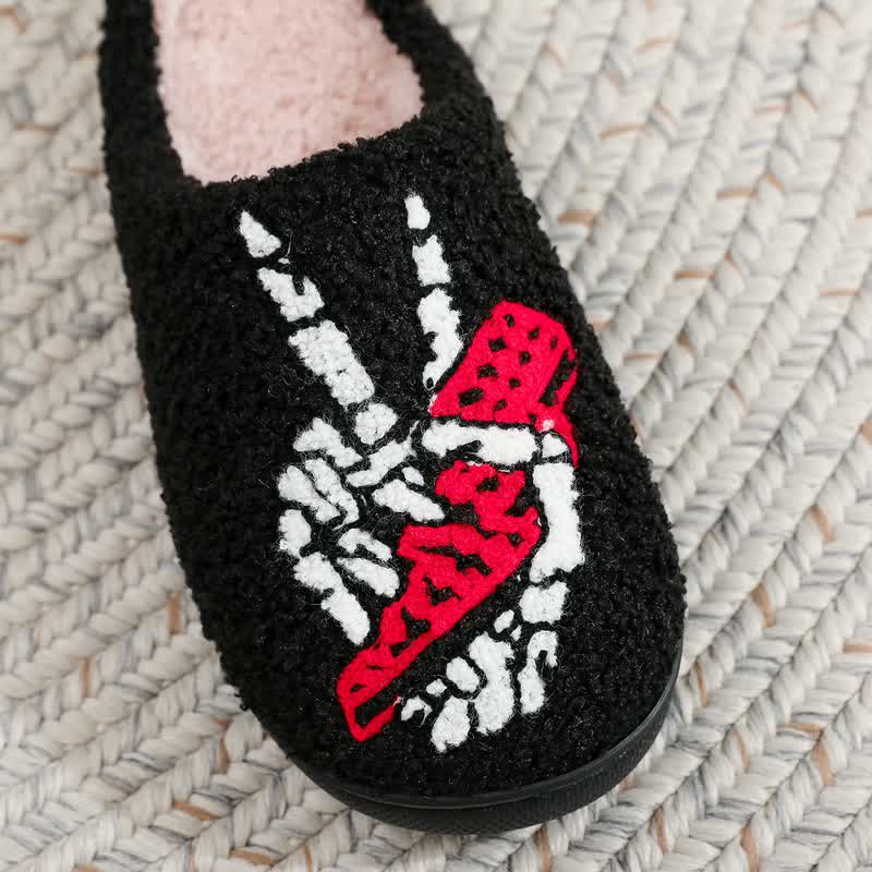Halloween Skeleton Hand Peace Sign Fuzzy Slippers - image 1