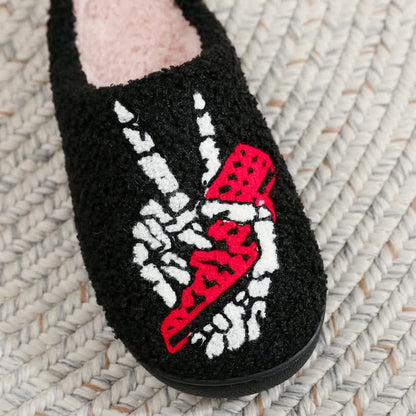 Halloween Skeleton Hand Peace Sign Fuzzy Slippers - image 1