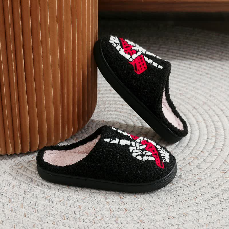 Halloween Skeleton Hand Peace Sign Fuzzy Slippers - image 2