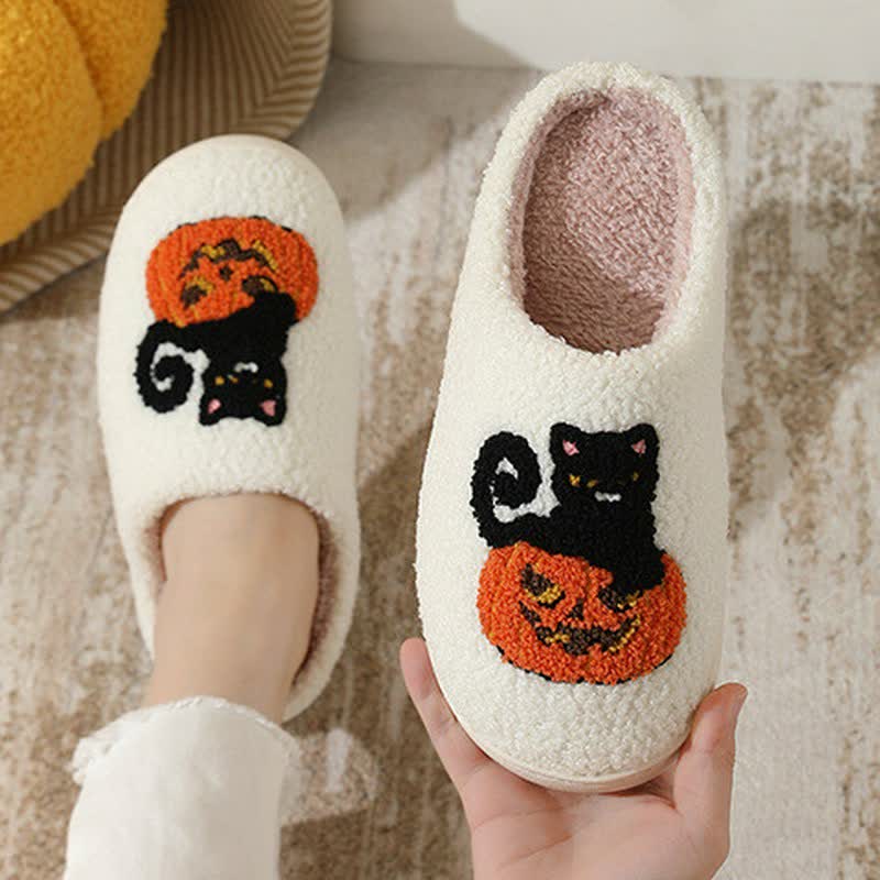 Halloween Black Cat On Pumpkin Plush Slippers - image 1