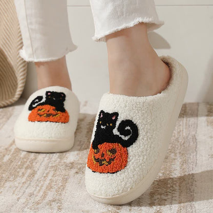 Halloween Black Cat On Pumpkin Plush Slippers - image 3
