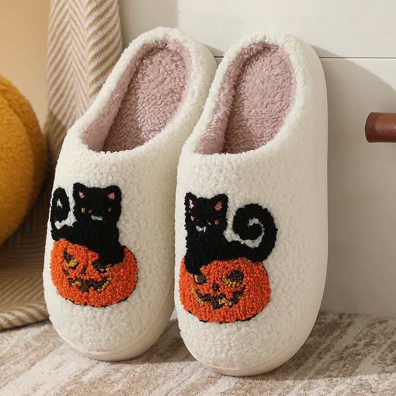 Halloween Black Cat On Pumpkin Plush Slippers - White - EU44-45(US10-11) - image 0