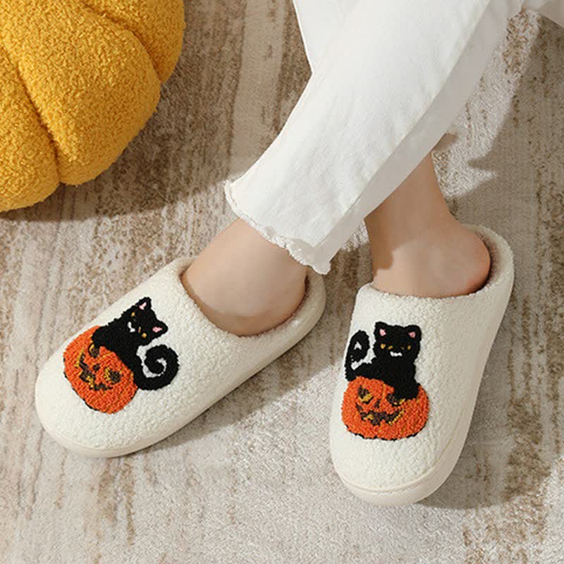 Halloween Black Cat On Pumpkin Plush Slippers - image 2