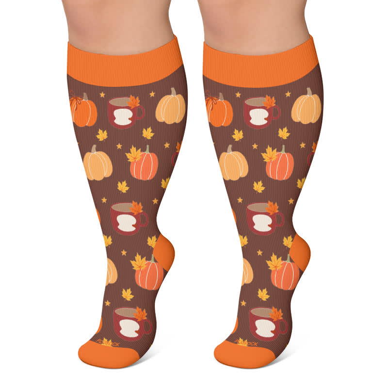 Plus Size Autumn Pumpkin Ghost Compression Socks - Brown - 4XL - image 6