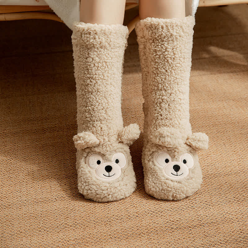 White Bear Face Fluffy Mid-Calf Slipper Socks - Beige - EU36-41(US3-7.5) - image 3