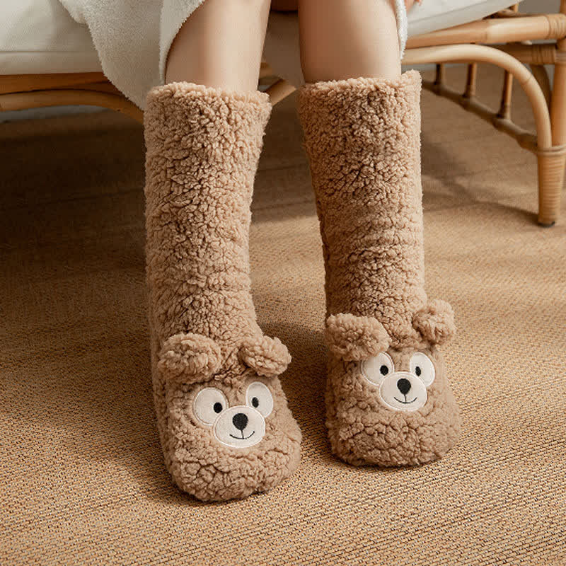White Bear Face Fluffy Mid-Calf Slipper Socks - Camel - EU36-41(US3-7.5) - image 1