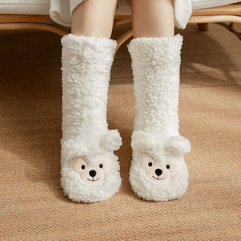 White Bear Face Fluffy Mid-Calf Slipper Socks - White - EU36-41(US3-7.5) - image 0