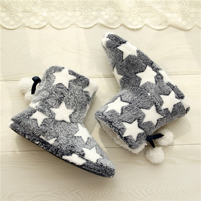 Pink Star Pattern Pom-Pom Fleece Slipper Socks - image 4