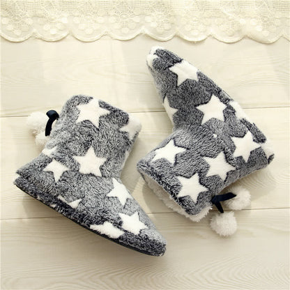 Pink Star Pattern Pom-Pom Fleece Slipper Socks - image 4