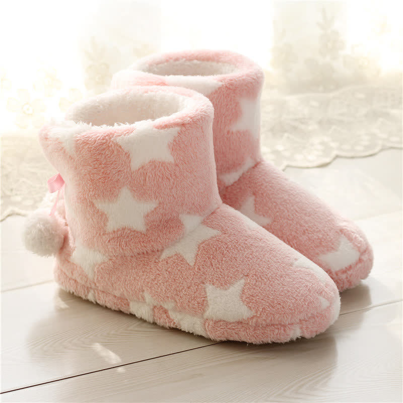 Pink Star Pattern Pom-Pom Fleece Slipper Socks - image 2