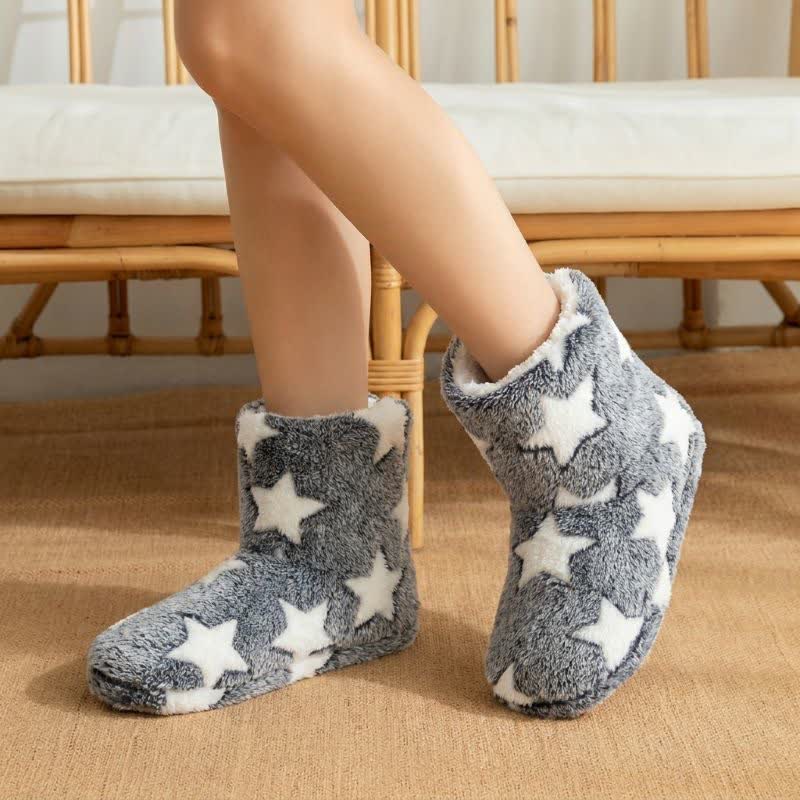 Pink Star Pattern Pom-Pom Fleece Slipper Socks - Grey - EU40-41(US7-7.5) - image 1