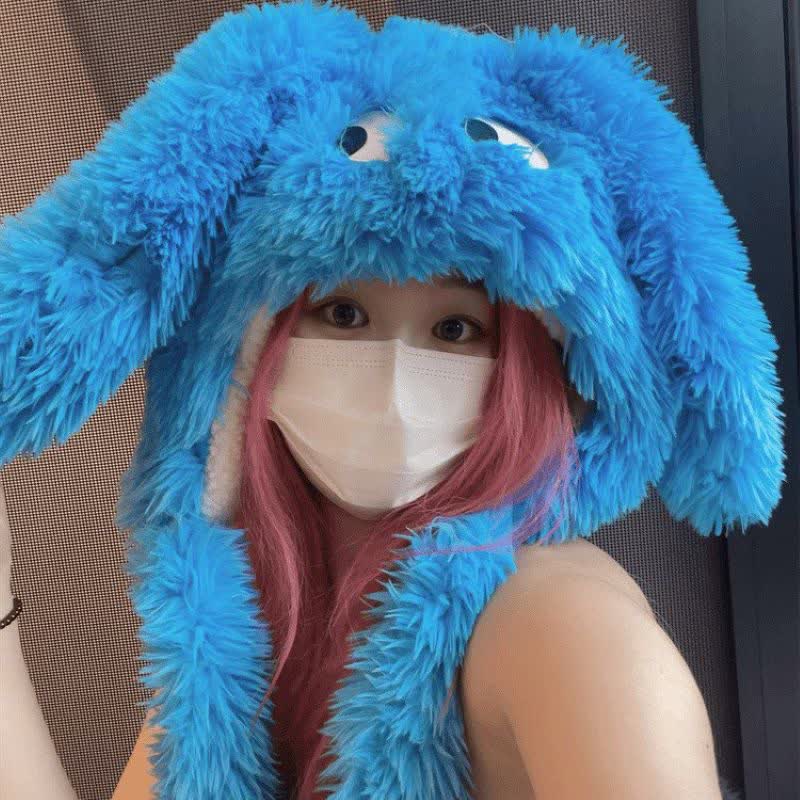 Hot Pink Cute Cartoon Big Eyes Plush Hat - Blue - One Size - image 2