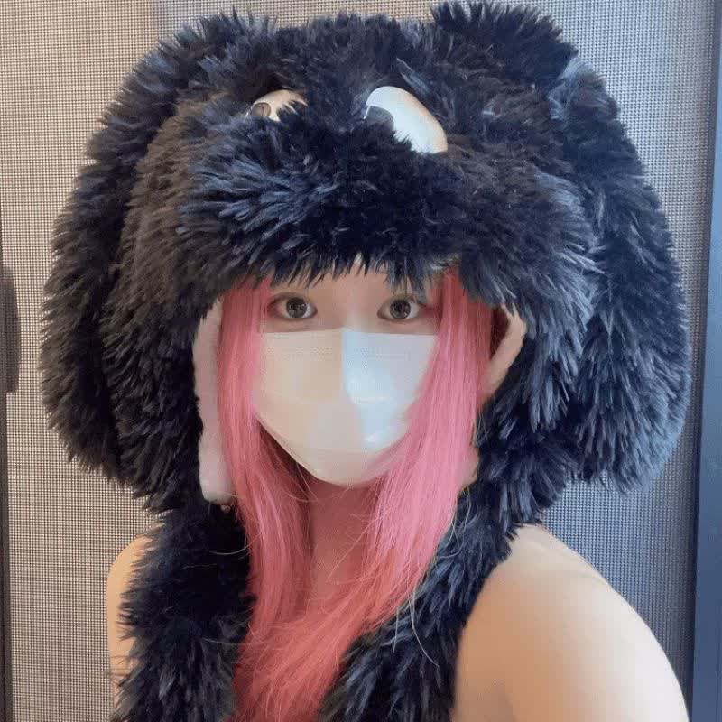 Hot Pink Cute Cartoon Big Eyes Plush Hat - Black - One Size - image 3