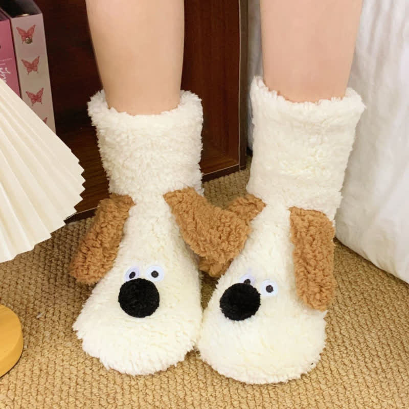 Khaki Googly-Eye Puppy Cartoon Slipper Socks - Beige - EU36-42(US3-8) - image 0