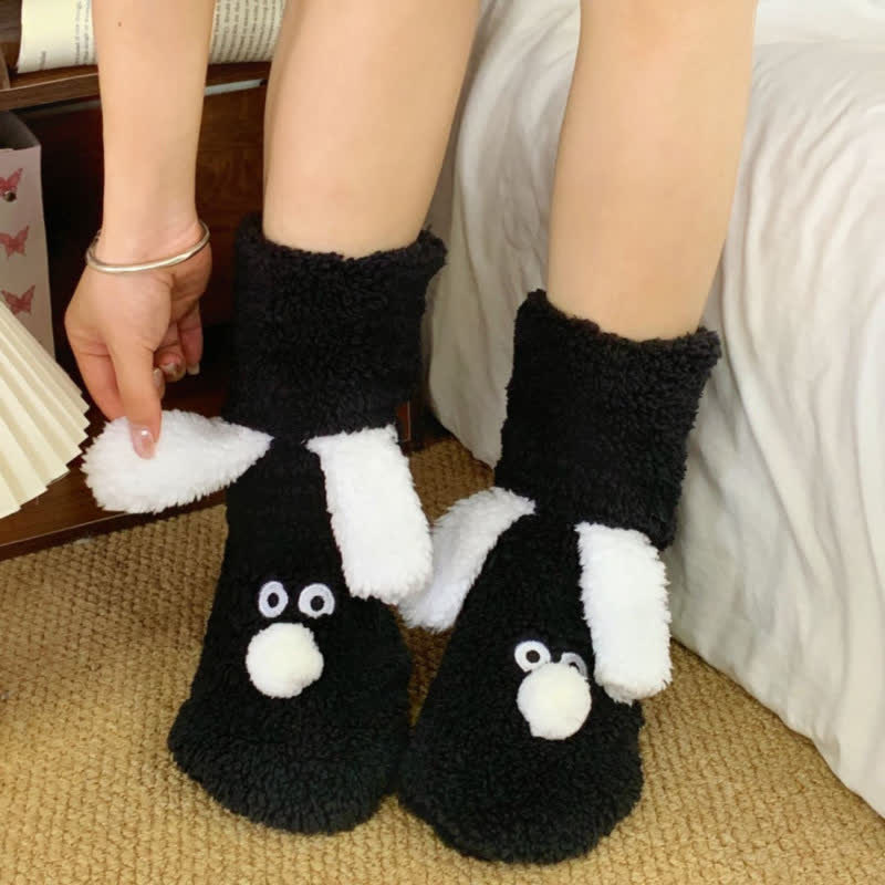 Khaki Googly-Eye Puppy Cartoon Slipper Socks - Black - EU36-42(US3-8) - image 4