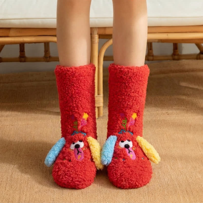 Yellow Mismatched-Ear Cartoon Puppy Slipper Socks - Red - EU36-42(US3-8) - image 2
