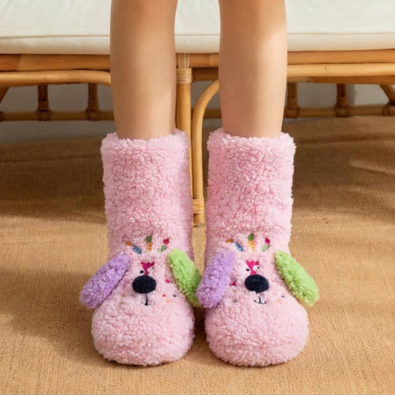 Yellow Mismatched-Ear Cartoon Puppy Slipper Socks - Pink - EU36-42(US3-8) - image 0