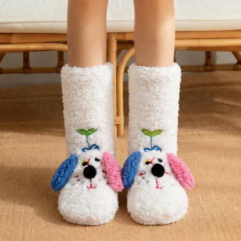 Yellow Mismatched-Ear Cartoon Puppy Slipper Socks - White - EU36-42(US3-8) - image 1