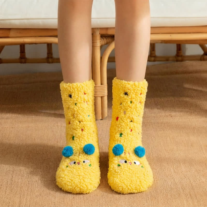Pink Green Pom-Pom Cartoon Animal Slipper Socks - image 1